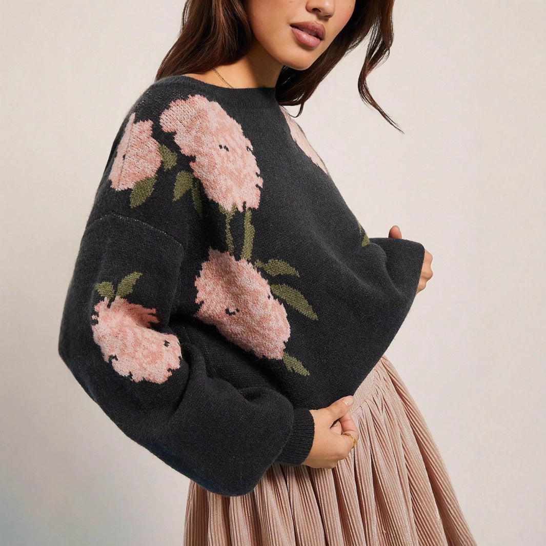Women's Casual Loose Off Shoulder Flower Jacquard Pullover Sweater