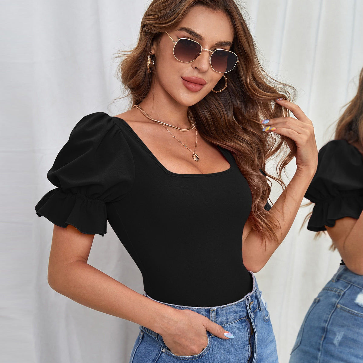 Chic Square Neck Puff Sleeve Slim Fit Jumpsuit