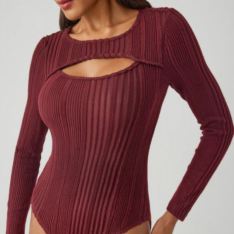 Ribbed Hollow-Out Long Sleeve Slim Romper