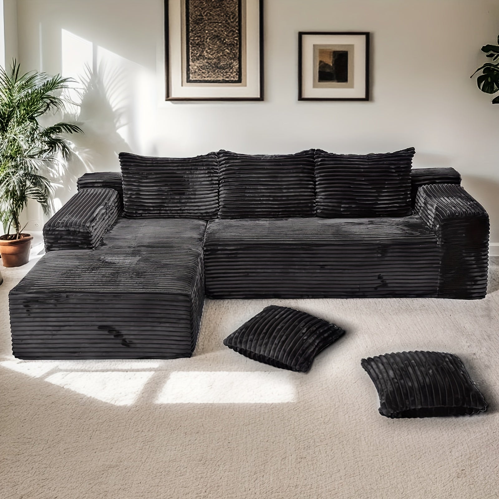 Modular L-shaped chaise longue sofa bed with deep seat and corduroy upholstery