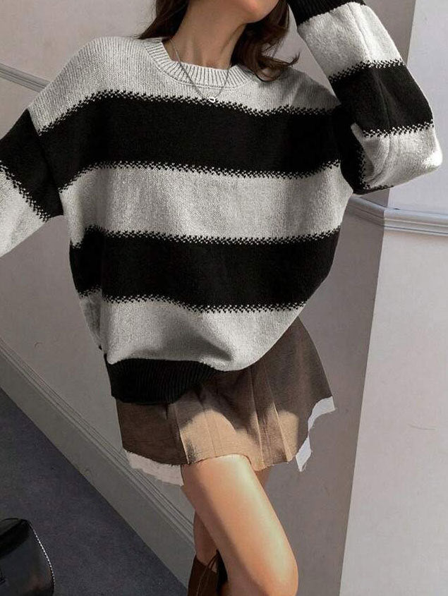 Idle Style Striped Contrast Color Autumn Round Neck Pullover Dinified Sweater