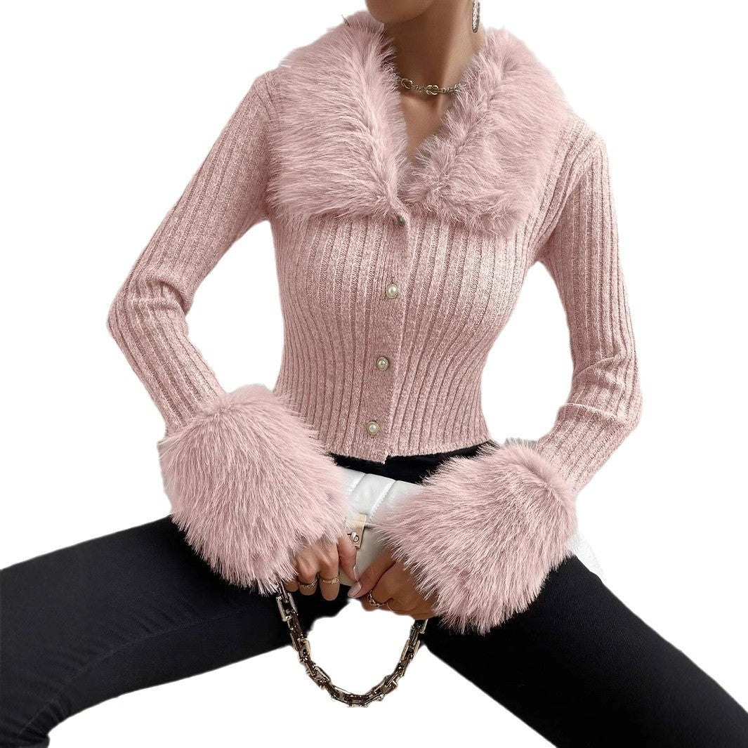 New V-neck Knitted Cardigan with a Slim Fit and a Fur-trimmed Collar