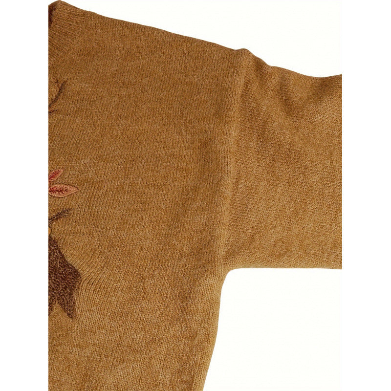 Loose Fit Short Sleeve Sweater Embroidered Deer Plum