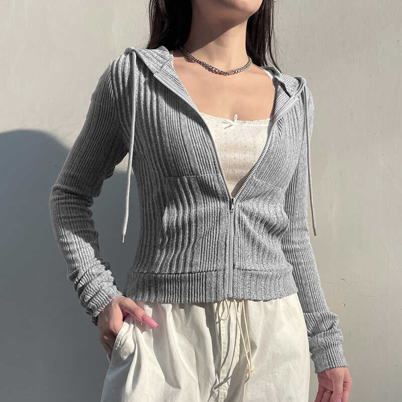 Cozy Grey Hooded Knit Cardigan with Zipper