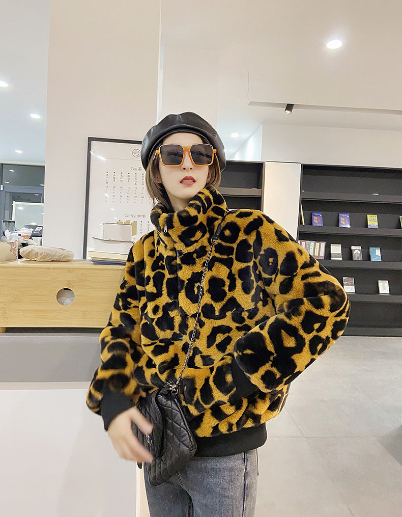 Leopard Print Faux Fur Stitching Women's Winter Sweater