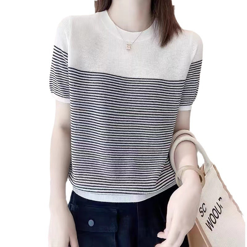 Round Neck Ice Silk Knitwear Thin Simple Pullover Short Sleeve
