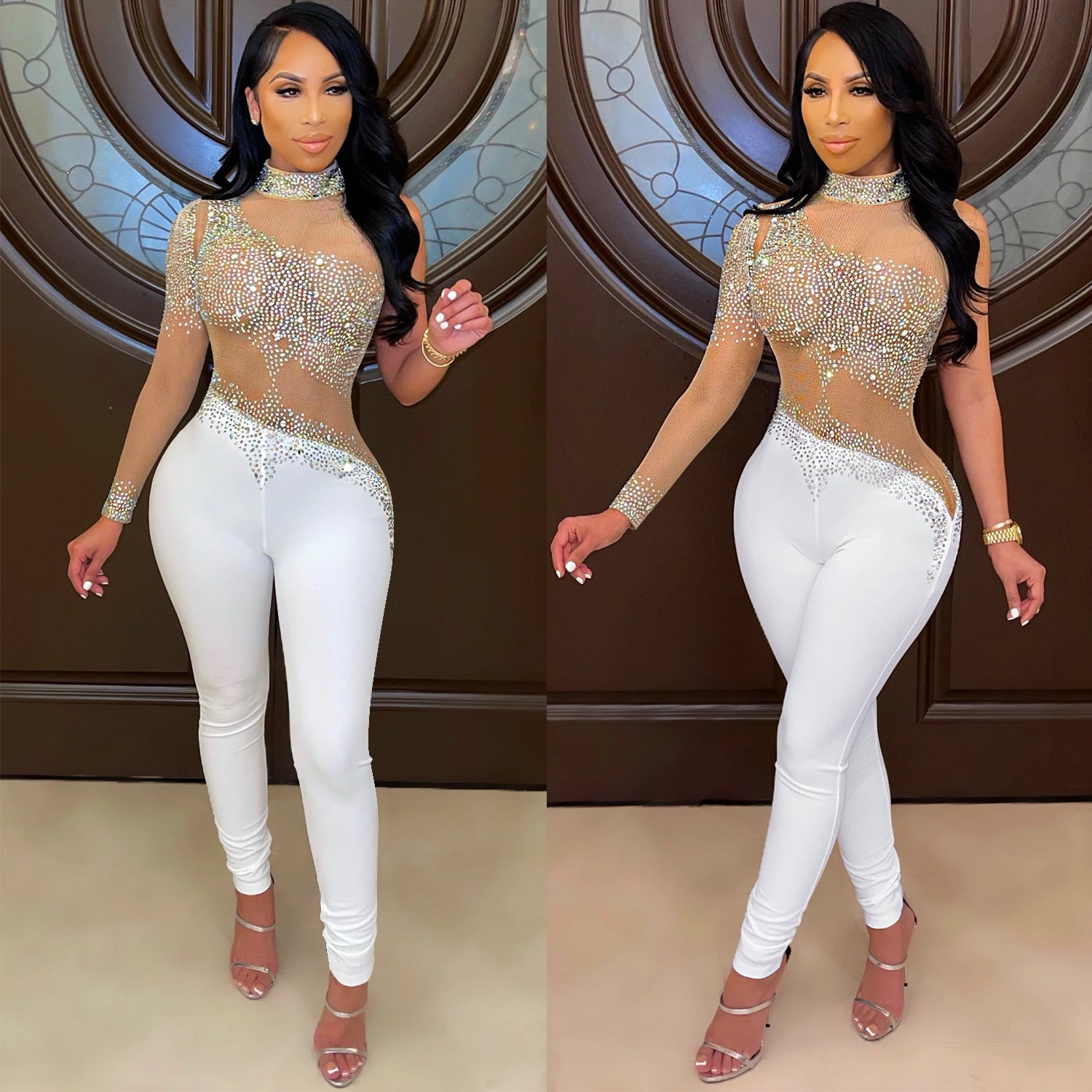 Rhinestone One-Shoulder Mesh Jumpsuit