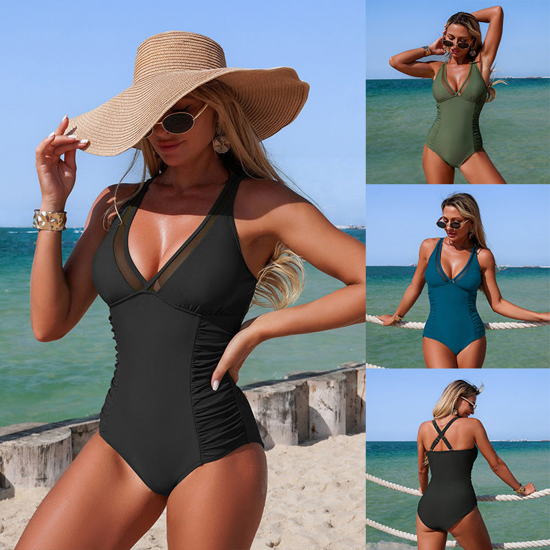 Womens Stylish Mesh-Panel Jumpsuit Swimsuit