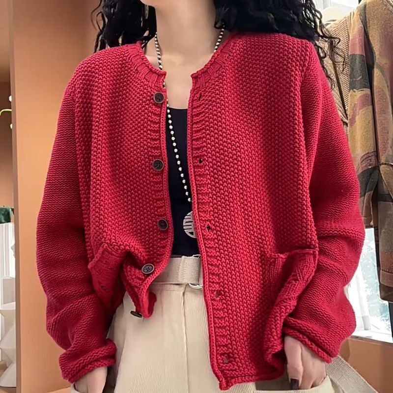 Women's Solid Color Round Neck Long Sleeve Knitted Sweater Coat