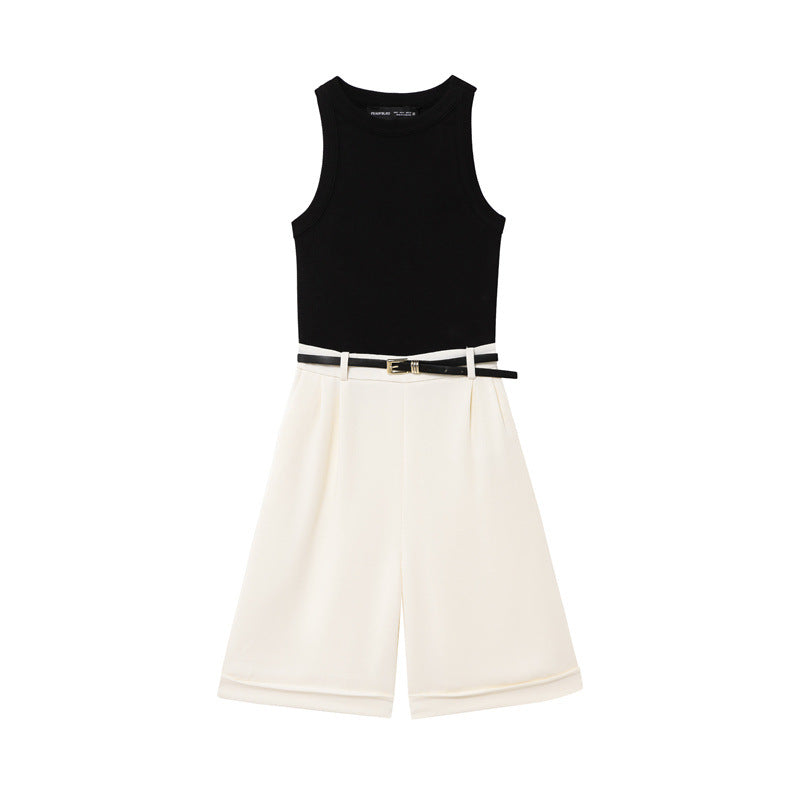 Chic Belted Short Stitching Jumpsuit for Women