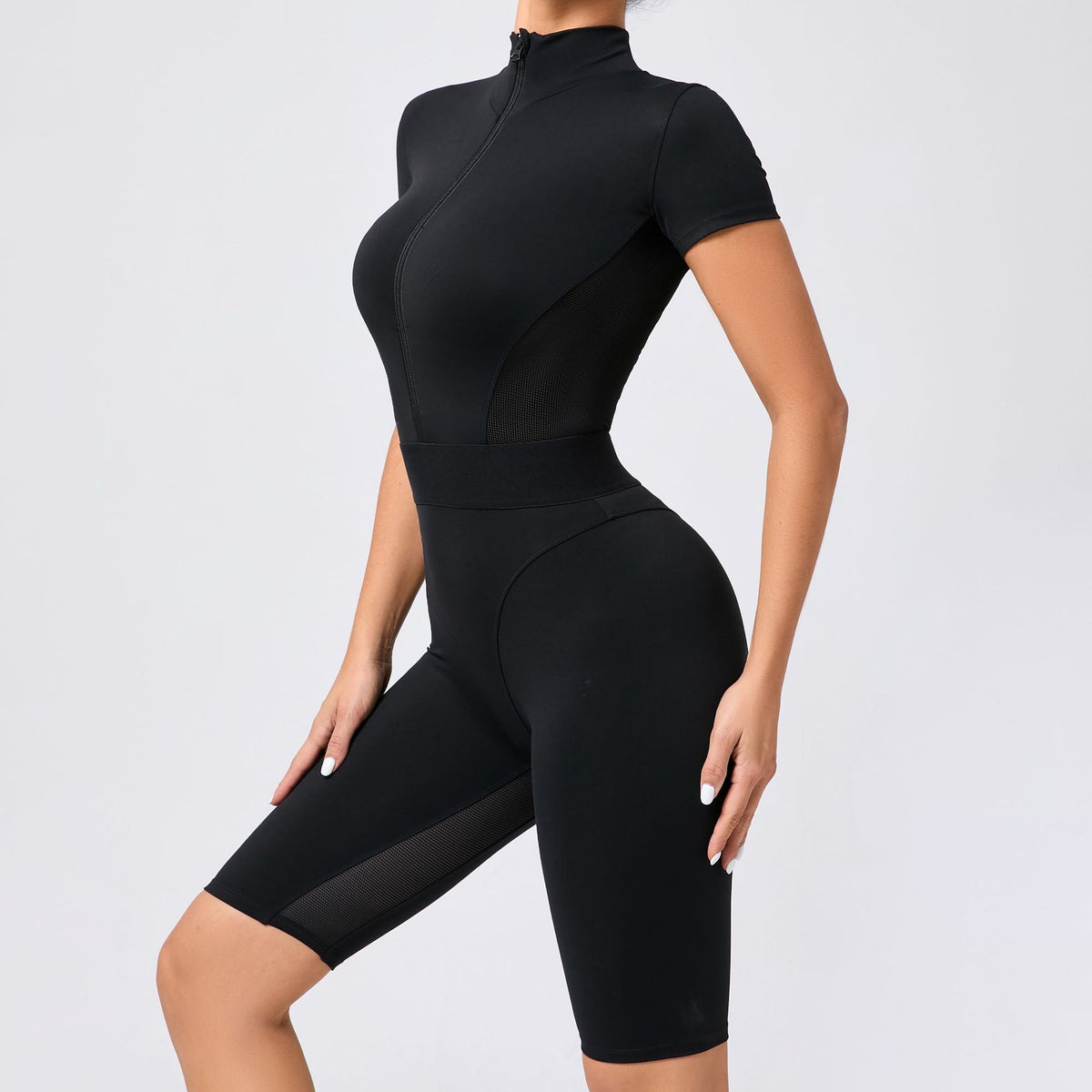 Tight Waist Open Collar Zipper Short Sleeve Yoga Jumpsuit