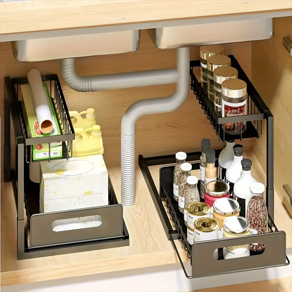 Two-Level Organizers for Under The Sink, Featuring a Sliding Pull-Out Shelf Made of Metal, Ideal for Organizing Kitchen, Bathroom, Pantry, Or Closet Spaces , Under Sink Bathroom Cabinet, Under...