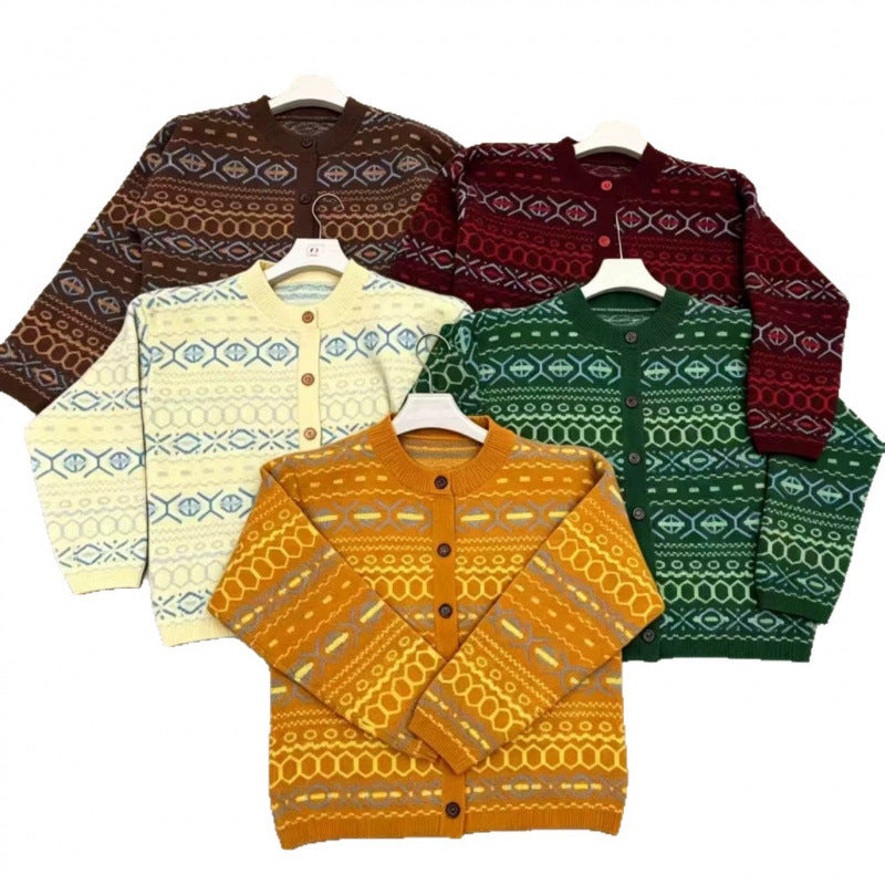 Jacquard Sweater Knitted Cardigan Coatlaid-back Uniquely Ethnic-style Sweater