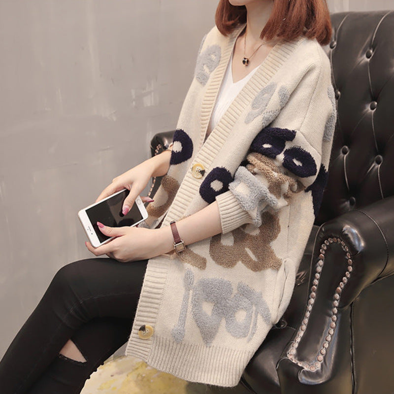 Foreign Trade Korean Style Loose and Idle Style Letter V-neck Mid-length Sweater