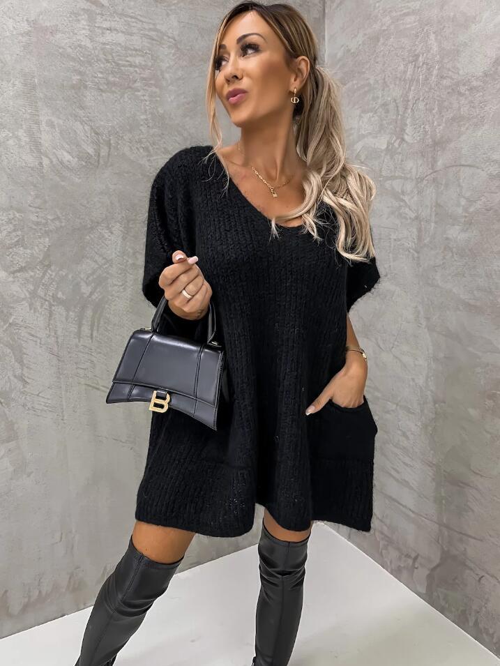 Loose Large Size Pocket Solid Color V-neck Long Sleeve