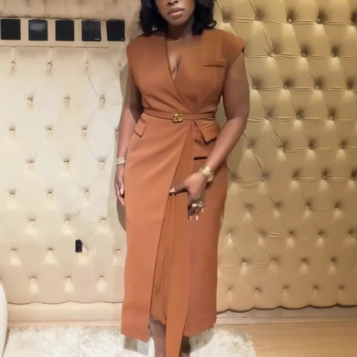 Womens Solid-color Lace-up Sleeveless Suit Dress