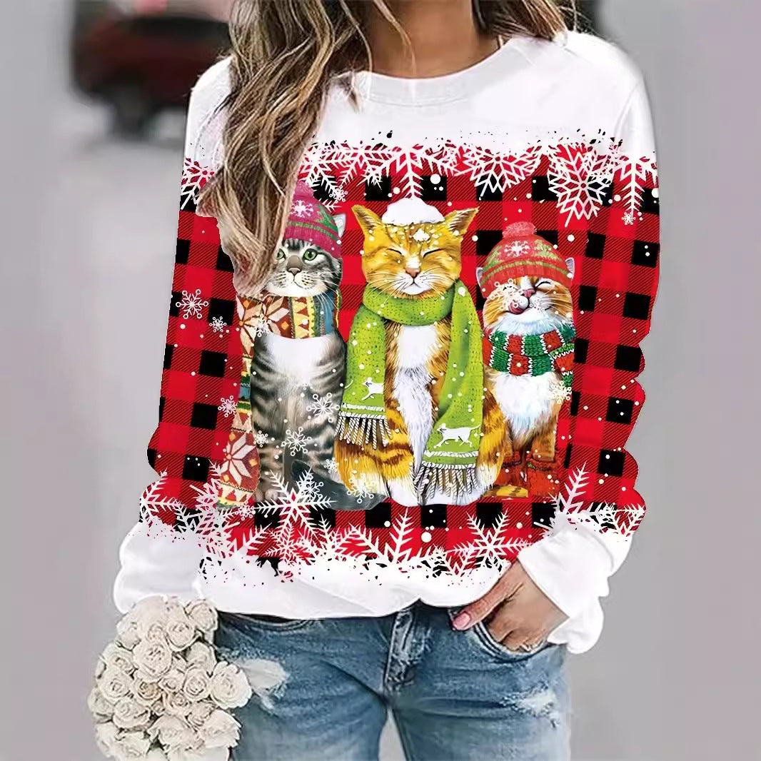 Festive Christmas Cat Print Crew Neck Pullover Sweatshirt