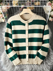 Women's Black and White Striped Knitted Cardigan Loose and Lazy Style High-grade Outer Wear Thick Sweater