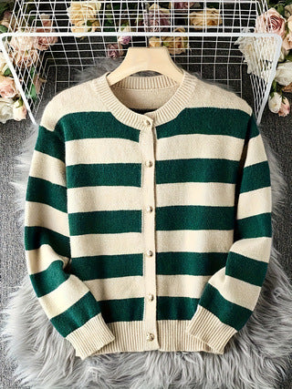 Women's Black and White Striped Knitted Cardigan Loose and Lazy Style High-grade Outer Wear Thick Sweater
