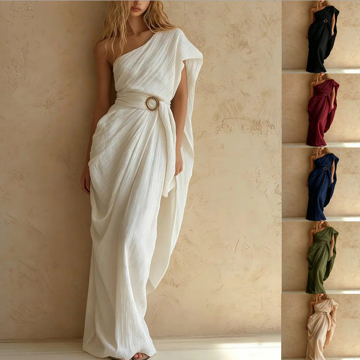 Cotton-linen Classic One-shoulder Dress with an Asymmetrical Hem