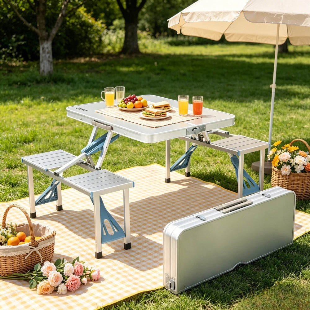 [Outdoor Camping Travel] 4FT Folding Picnic Table Set With 4 Seats, Aluminum Frame Portable Suitcase Camping Table With Umbrella Hole, 220 Lbs Capacity For Outdoor Travel BBQ RV Travel Patio Balcony Garden Porch Yard Table And Chairs Set