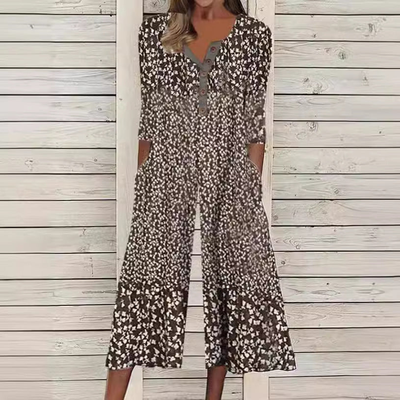 European And American Spring And Summer Hot-selling Printed Pocket Button Jumpsuit