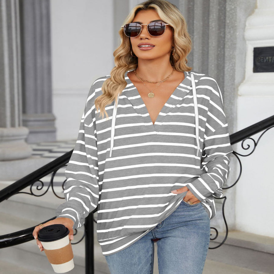 Women's Striped Drawstring Long Sleeve Hoodie Sweatshirt