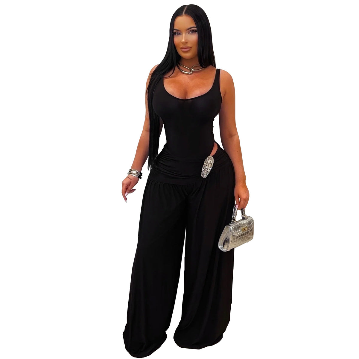 Women's Solid U-Neck High-Waist Wide-Leg Jumpsuit