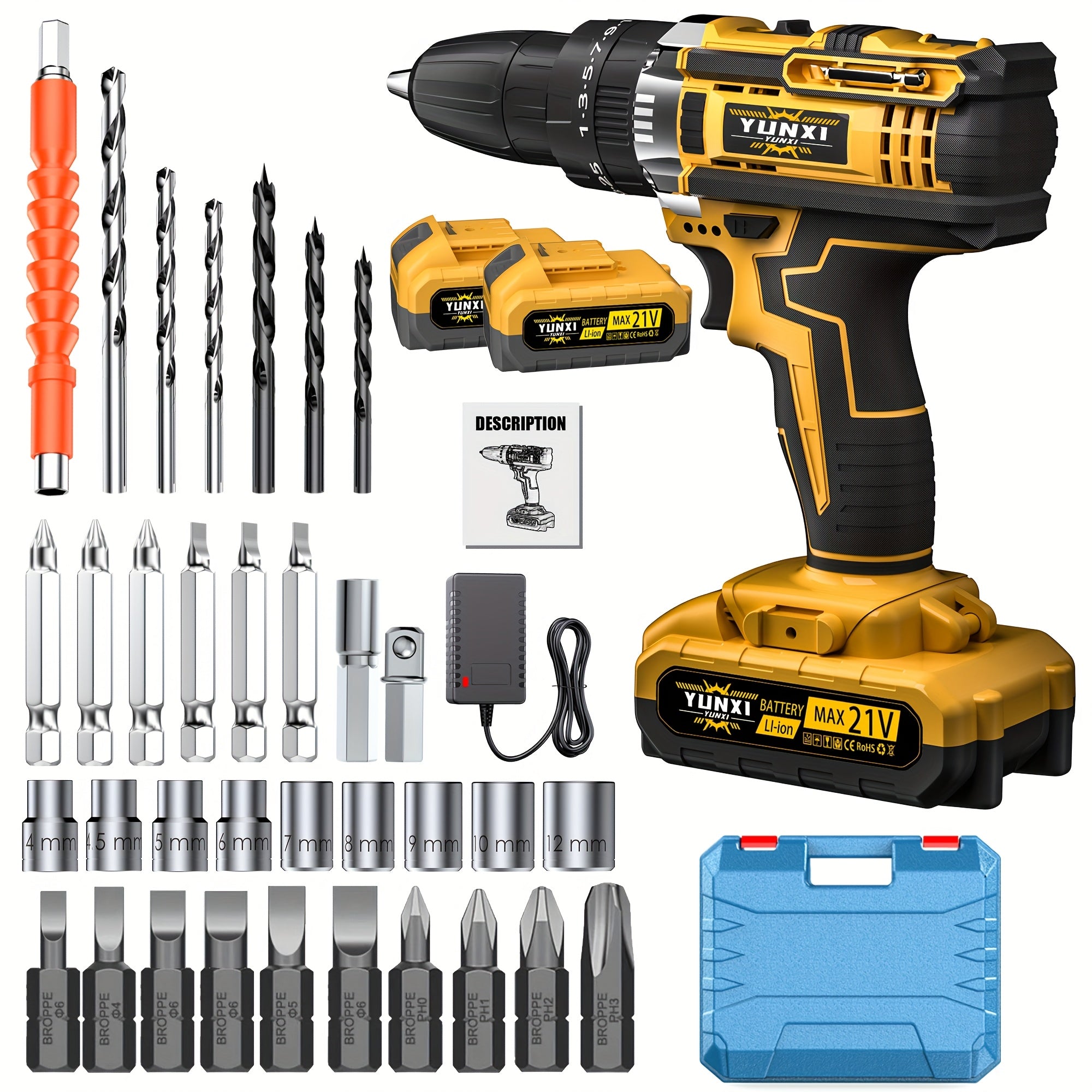 21V Cordless Impact Wrench Wireless Drill Kit, Brushless Electric Impact Gun Drill, Impact Wrench Drill, Equipped With 4000mAh Battery, Toolbox, Charger, Socket And Complete Accessories. Suitable...