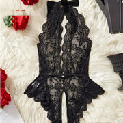 Lace Deep V-Neck Open-Crotch Teddy Bodysuit with Straps