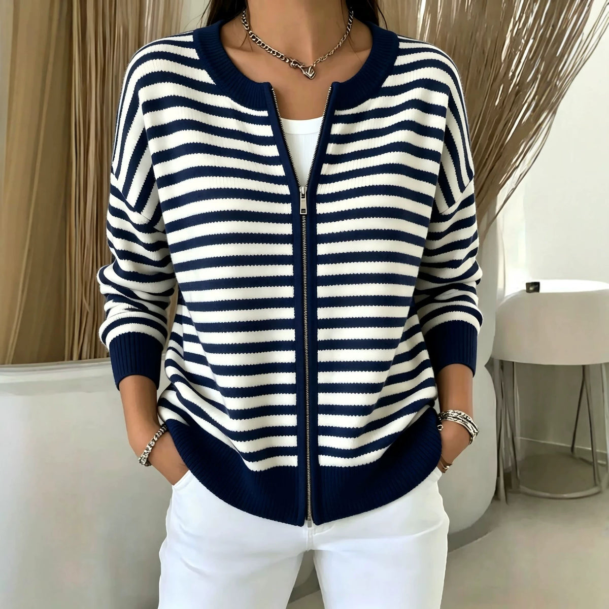 Womens Striped Knitted Cardigan with Zipper