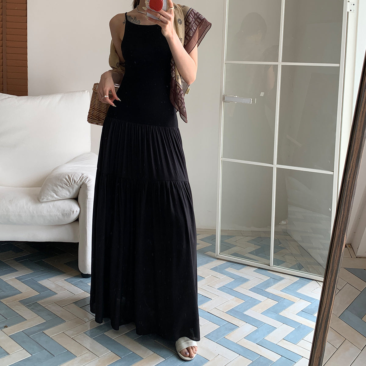 Solid-color Knitted Patchwork Strap Dress for Women