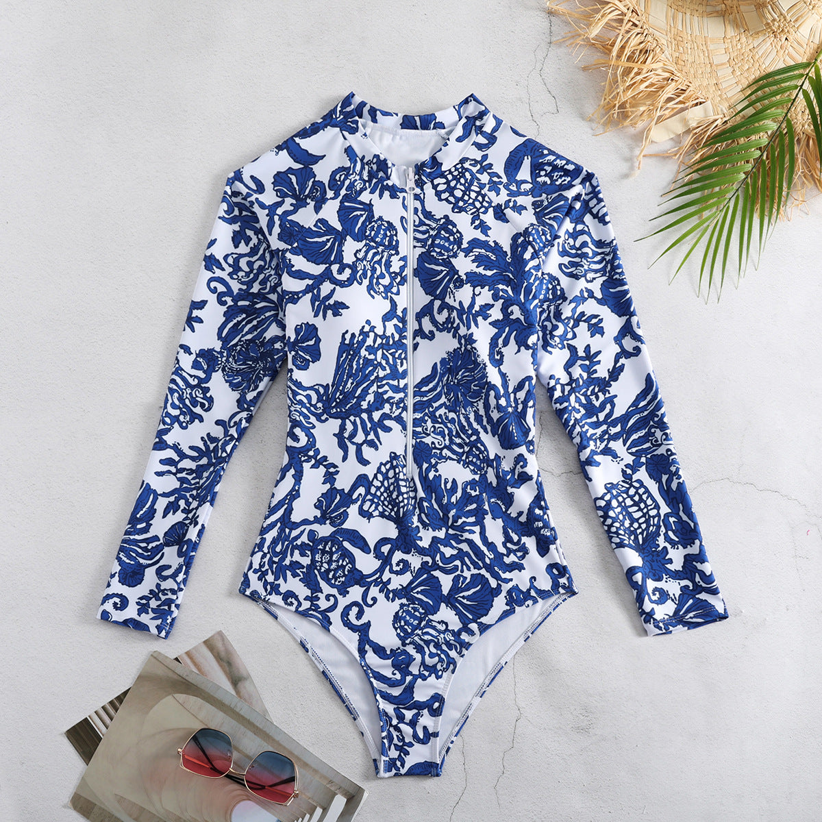 Blue Printed Triangle One-piece Swimsuit Round Neck