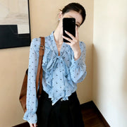Elegant Polka-Dot Ruffle-Bow Chiffon Shirt
