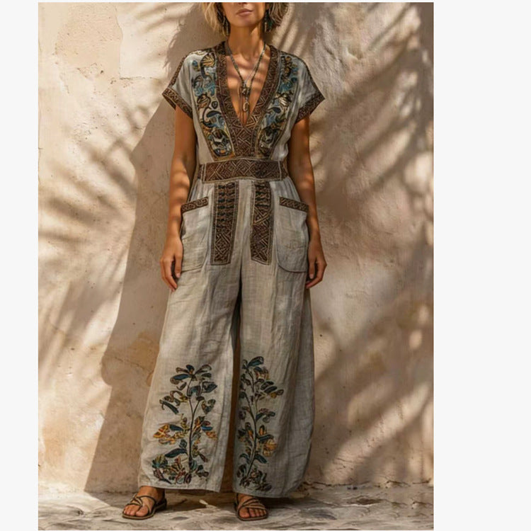 Women's Floral V-Neck Pocket Jumpsuit