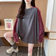 Solid Color Stitching Lace Lacework Round-neck T-shirt Women's Brushed Top