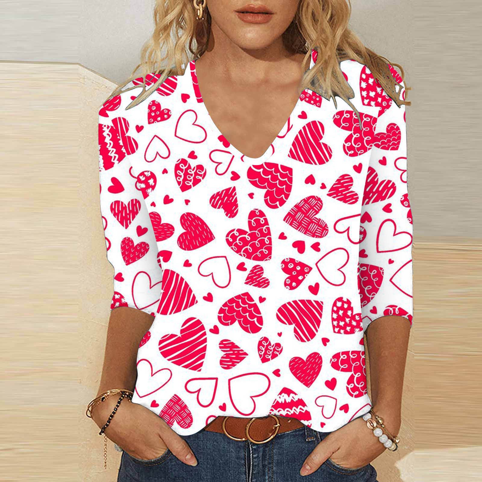 Cute Valentine's Heart V-Neck 3/4 Sleeve Casual T-Shirt
