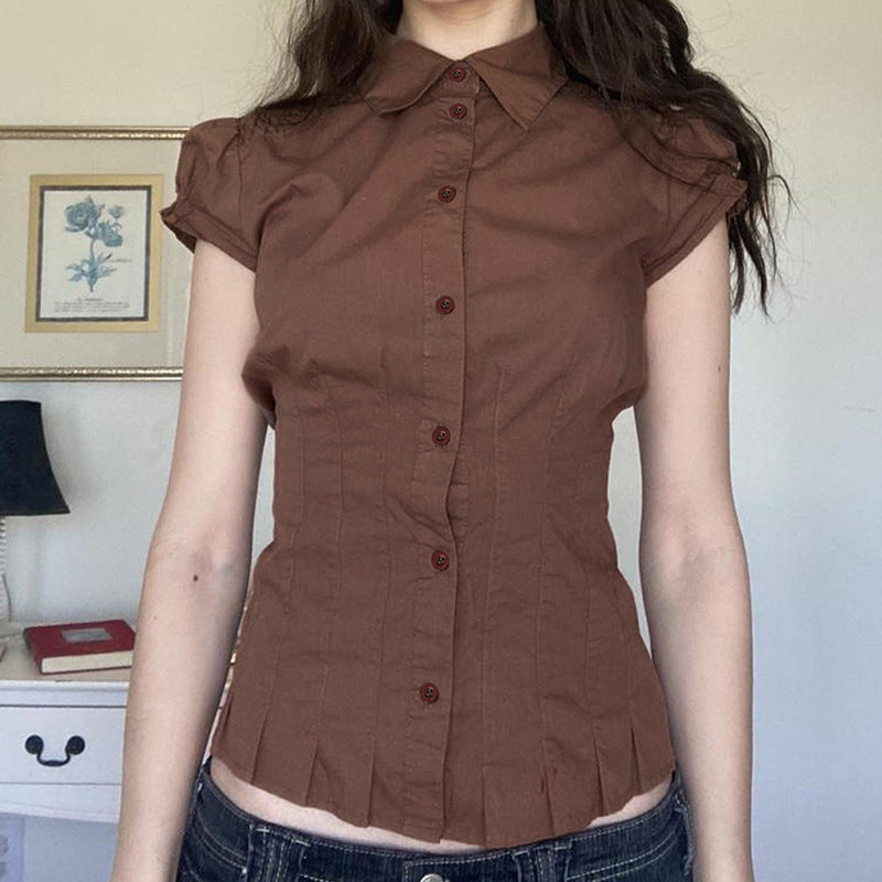Puff Sleeve Brown Shirt with Sweet-Spicy Pleats – Slim Fit