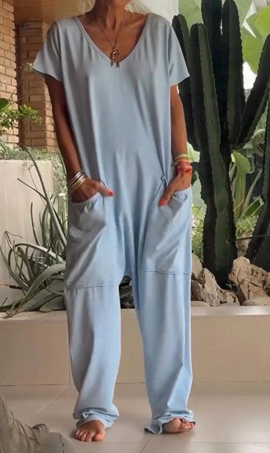 Oversized V-Neck Pocket Jumpsuit Casual Romper