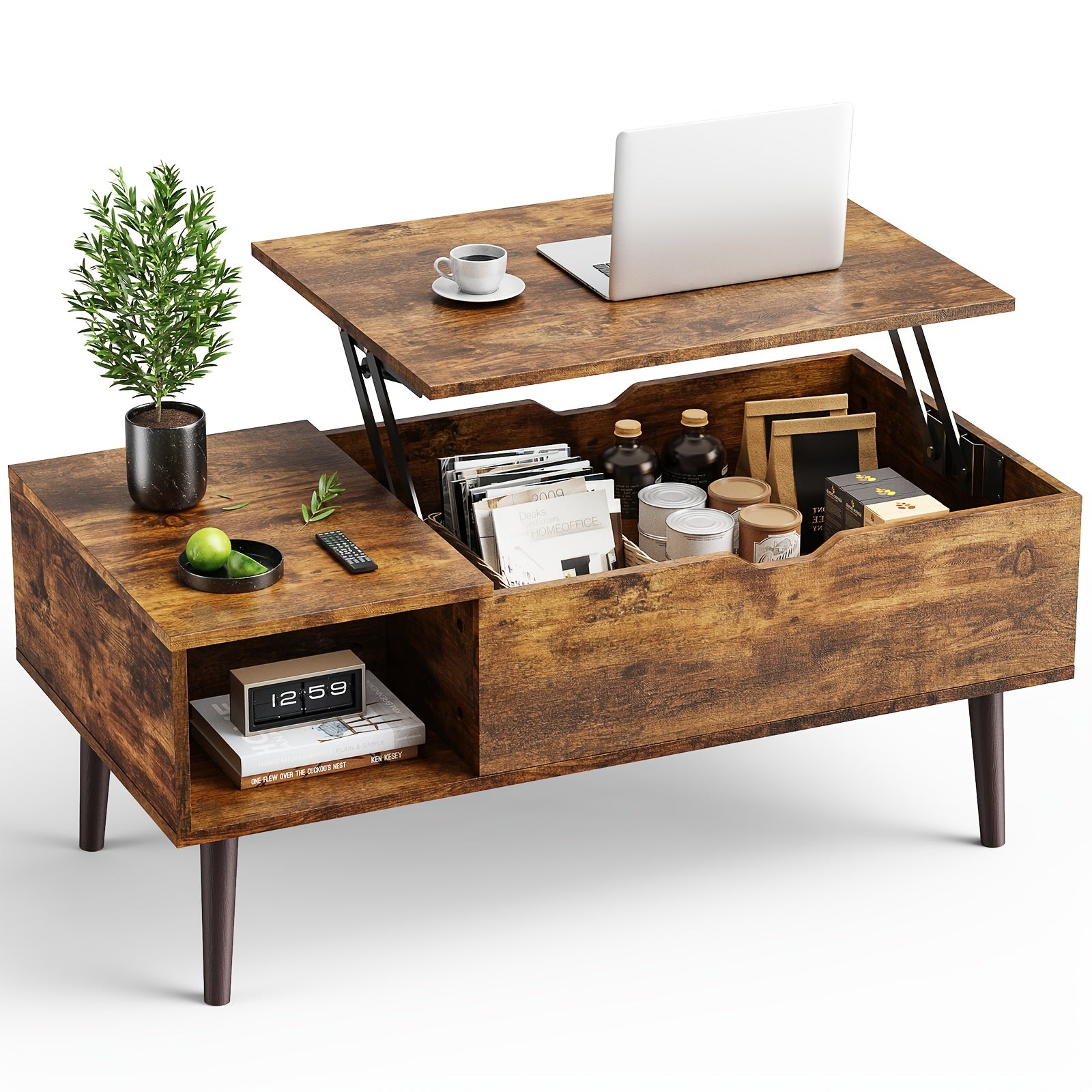 Height Adjustable Wooden Garden Coffee Table With Hidden Compartments And Storage Shelves