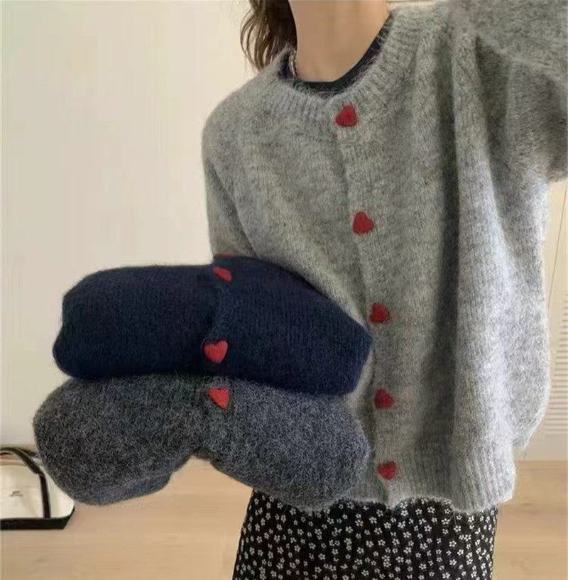 Round Neck All-matching Design Love Girl Buckle Knitted Cardigan Sweater Coat for Women