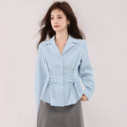 New Blue French-style Suit-collar Shirt With A Tie Waist And Long Sleeves