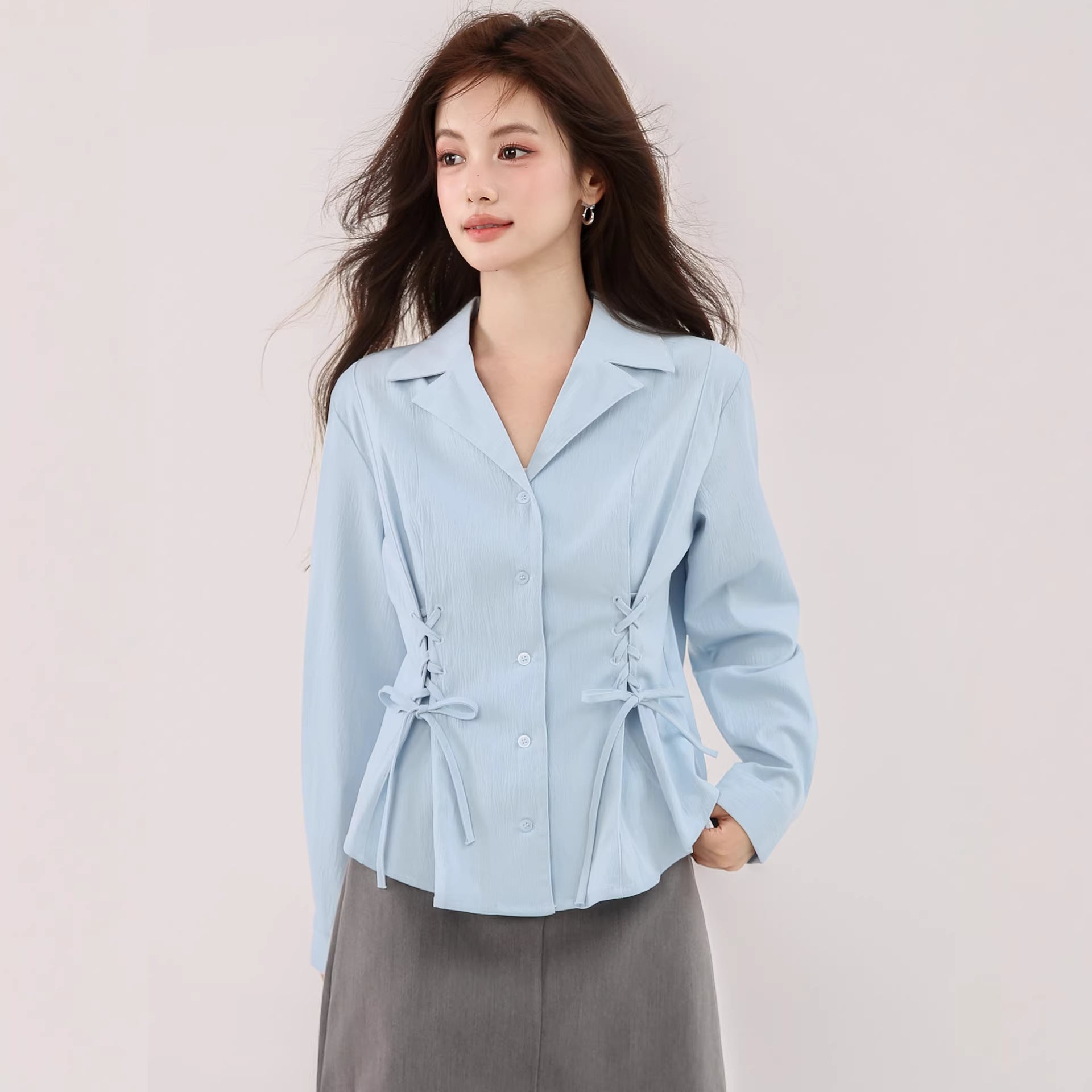 New Blue French-style Suit-collar Shirt With A Tie Waist And Long Sleeves