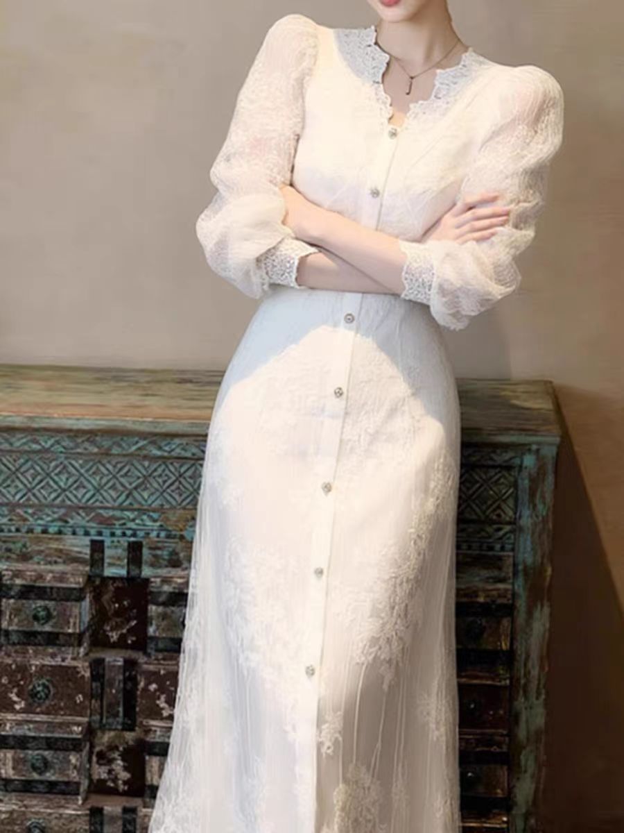 Elegant French White Lace Dress & Coat Set