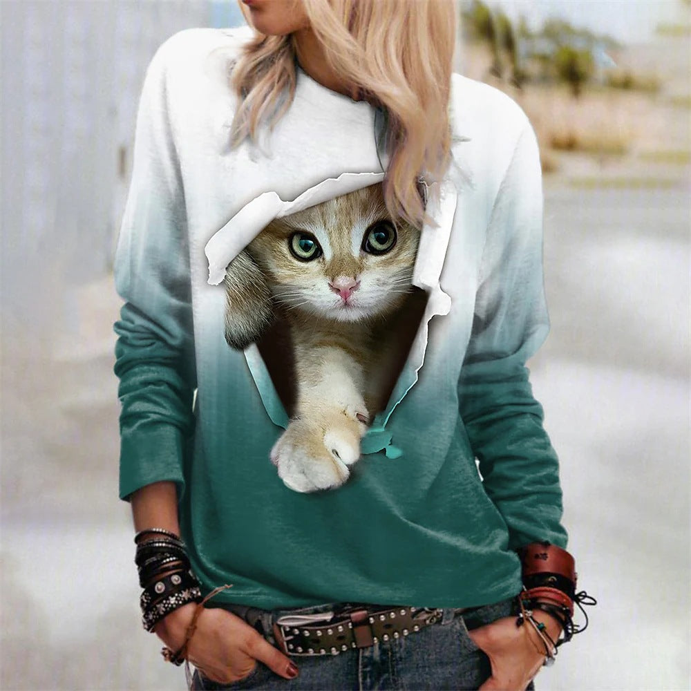 Gradient Cat Print Casual Pullover Sweatshirt