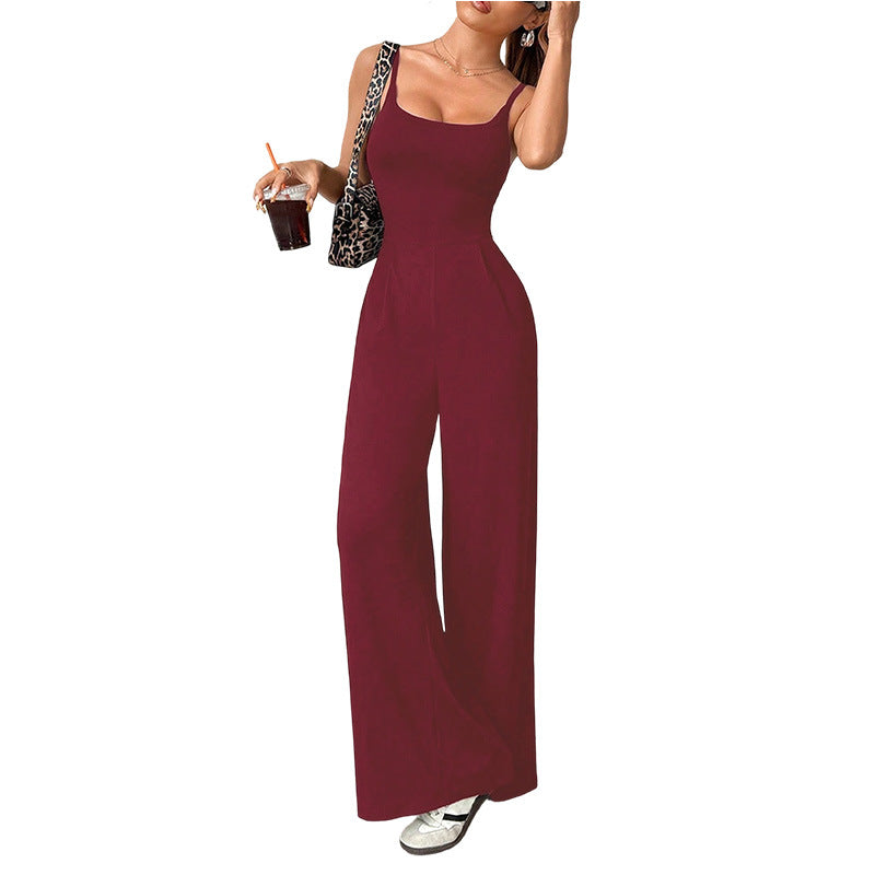 Women's Solid Color Loose Summer Strap Jumpsuit