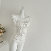 Lace Cap‑Sleeve Polka‑Dot Camisole – Slim Fit Cropped Top