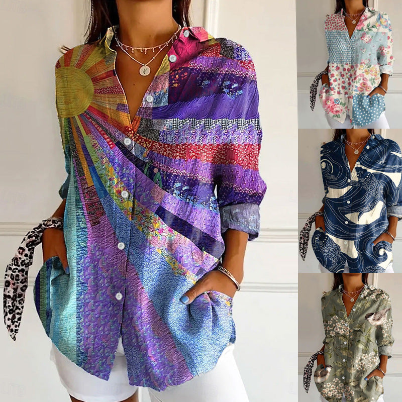 Printed Shirt With A Turn Down Collar Long Sleeves And A Single-breasted Button Closure