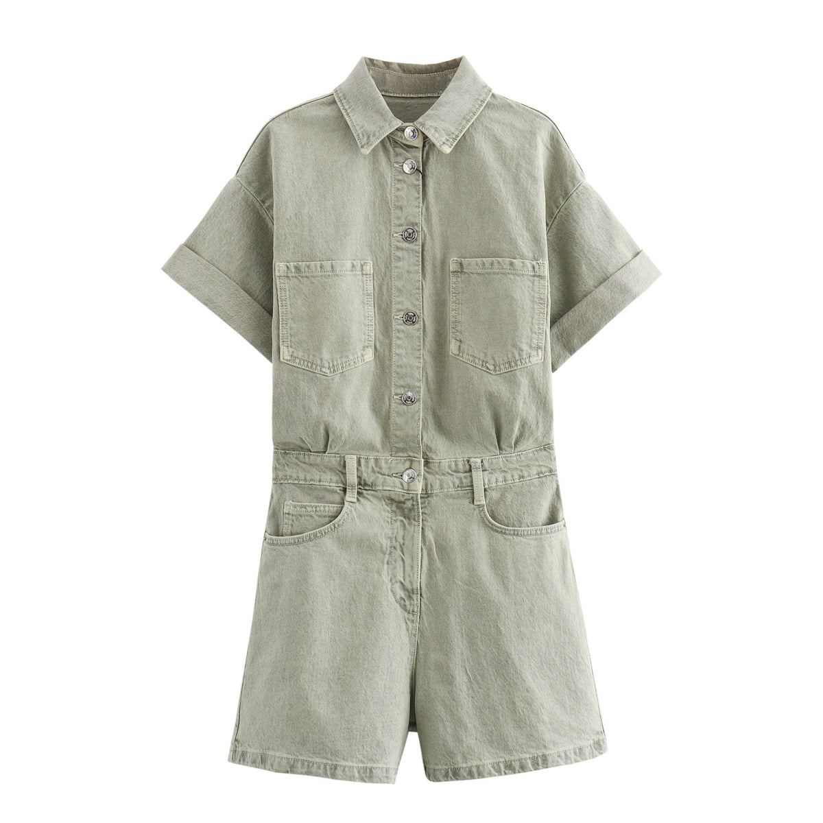 Lapel Multi-color Short Sleeve Denim Jumpsuit