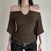 American-style Vintage Off-shoulder Figure-hugging Beaded Halter Womens Blouse